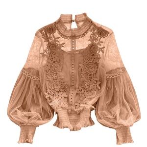 Gracia - Puff Long Sleeve Lace Vintage-Inspired Blouse Pleated Collar and Sleeve